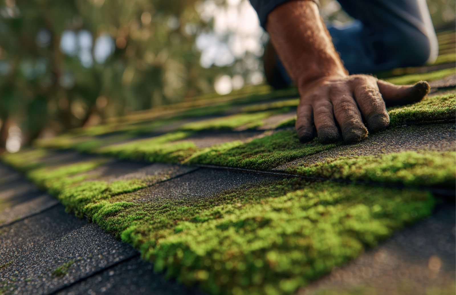 A bare hand resting on asphalt shingles covered in thick green moss, with trees blurred behind.